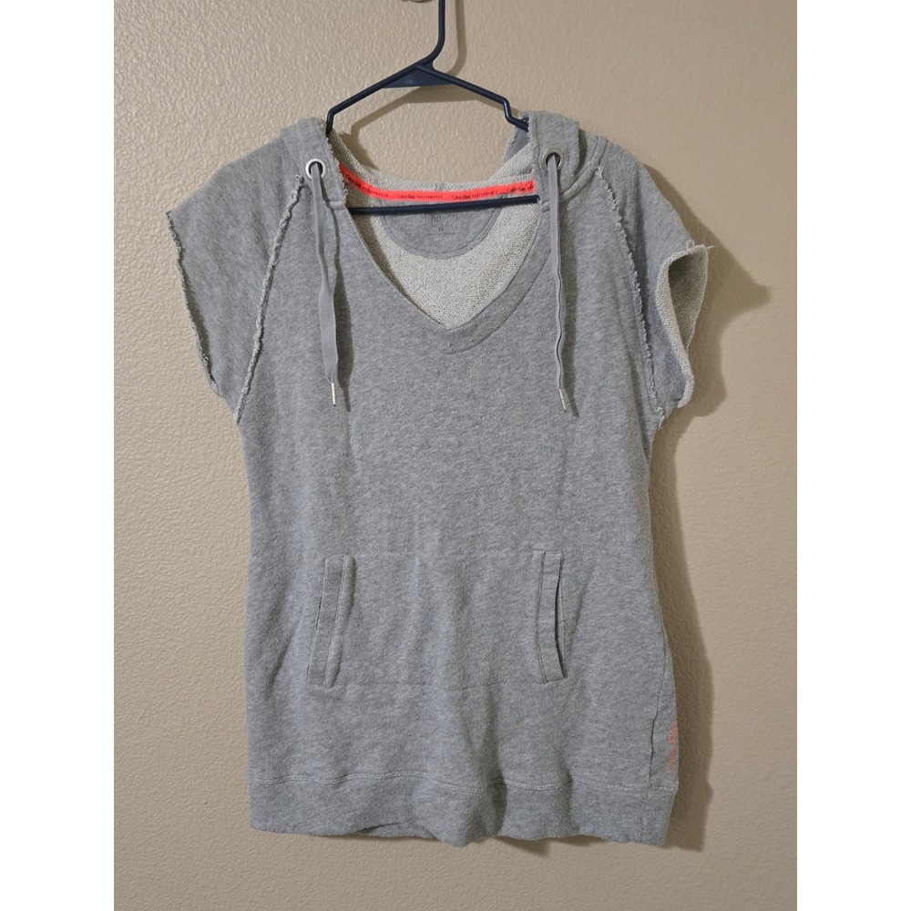 Calvin Klein Performance Womens XL Heather Gray Short Sleeve V-Neck Hoodie Top